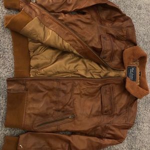 Distressed Brown Fur Collar Bomber Leather Jacket